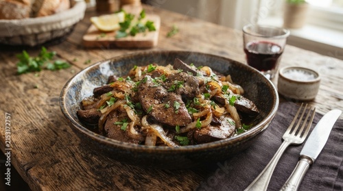 Homemade Fried Liver with Caramelized Onions Fresh Herbs and Red Wine on Rustic Wooden Table