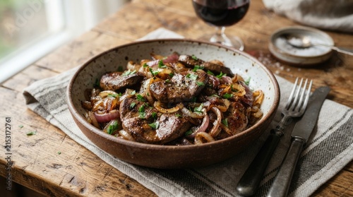 Pan Fried Liver with Caramelized Onions and Fresh Herbs Served in Rustic Ceramic Bowl