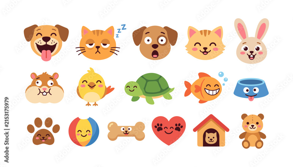 Obraz premium Cute pets and animals vector icons set with emotional faces, toys, and care items
