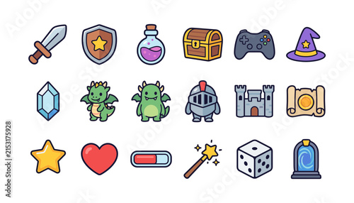 Photography Fantasy role playing game vector icons set with sword, shield, dragon, and magic