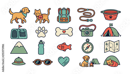 Cute pets camping and hiking vector icons set with dogs, cats, and outdoor travel equipment