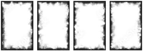 Dotted grunge rectangle frame texture. Fading halftone brush border. Repeating dotted paint pattern background. Black rough comic pop art overlay frame. Halftone distress effect wallpaper. Vector