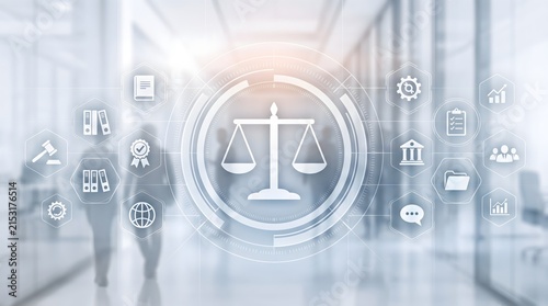 Digital scales of justice icon with legal and business icons overlayed on blurred office background