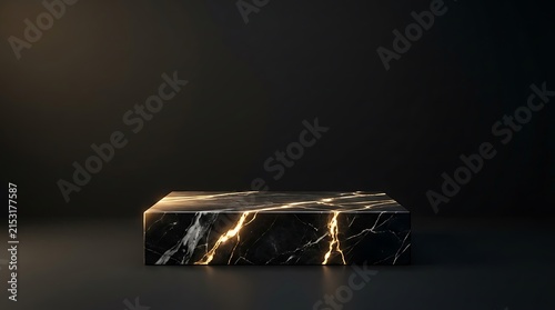 Minimalist 3D black marble stone podium with gold veins for luxury product mockup