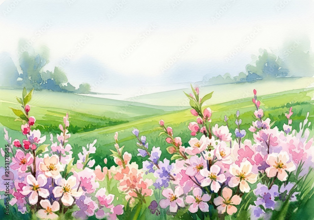 Obraz premium Vibrant watercolor painting of a lush blooming orchard featuring soft pastel flowers, green meadows, and a peaceful misty background, serene, botanical, bright