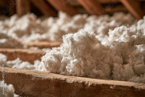 Blown insulation filling gaps between wooden joists in an attic space