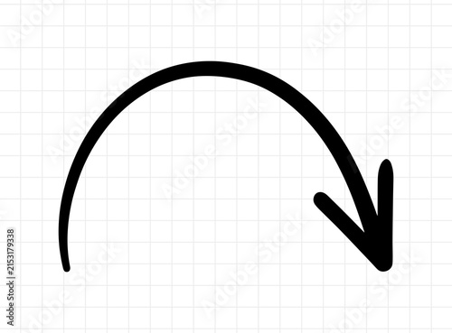 Single black hand drawn arched arrow pointing down to the right on a white grid background for graphic design