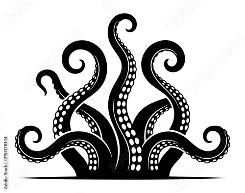 Black silhouette of a giant kraken octopus tentacles rising from the deep sea for a mysterious marine creature design
