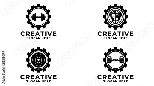Set of four industrial fitness and global sports concept logo design templates