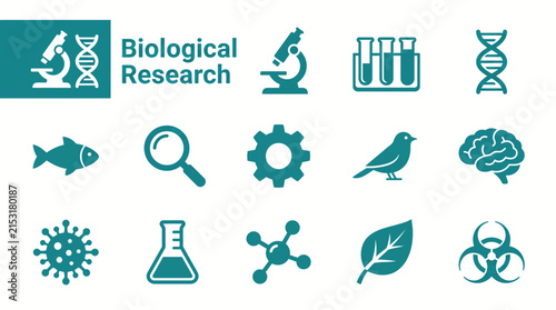 Comprehensive set of teal biological research icons with displays collection flat