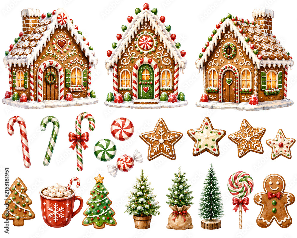 Fototapeta premium Watercolor Christmas Gingerbread and Sweets Clipart Collection