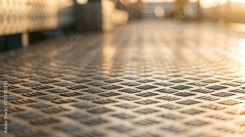 Diamond plate metal texture with warm sunset light and reflections