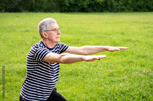 Senior man practicing tai chi outdoors in a green park. A wellness and physical activity exercise on a sunny day. Copy space.