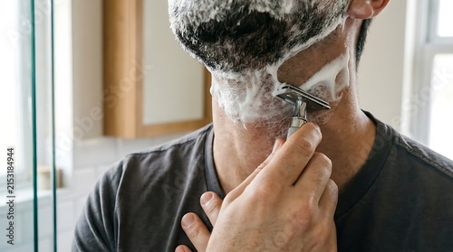 Man Shaving Beard With Razor and Shaving Cream