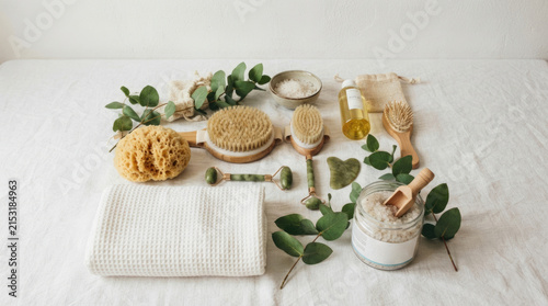 Natural Spa and Body Care Accessories with Eucalyptus on White Background