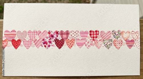 Watercolor Border of Colorful Patterned Hearts on White Textured Paper Background