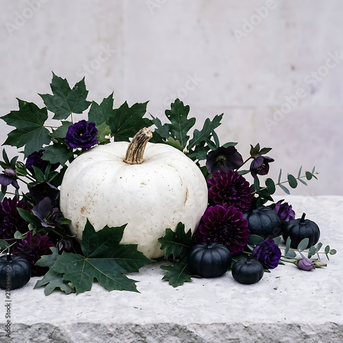 White pumpkin surrounded by dark purple flowers and autumn leaves arrangement