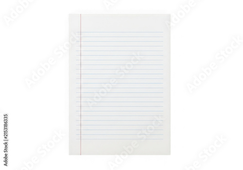 A single sheet of lined white paper with blue horizontal lines and a red margin isolated on transparent background