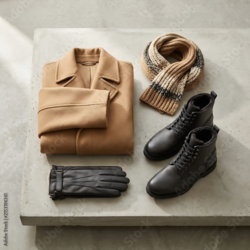Stylish winter outfit accessories including coat boots gloves and scarf