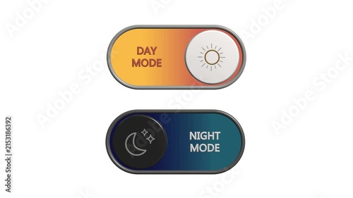 Toggle switches for day and night mode settings featuring sun and moon icons on a mobile app and website interface. 4k video animation