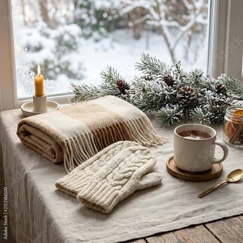 Cozy Winter Scene With Warm Drink And Knitted Mittens By Window