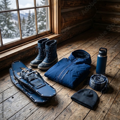 Winter gear and snowshoes arranged on wooden cabin floor by window