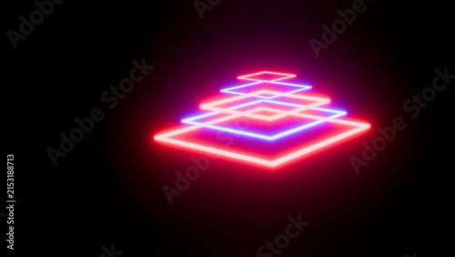 Фотография A series of illuminated square outlines in red and blue light ascend in a pyrami