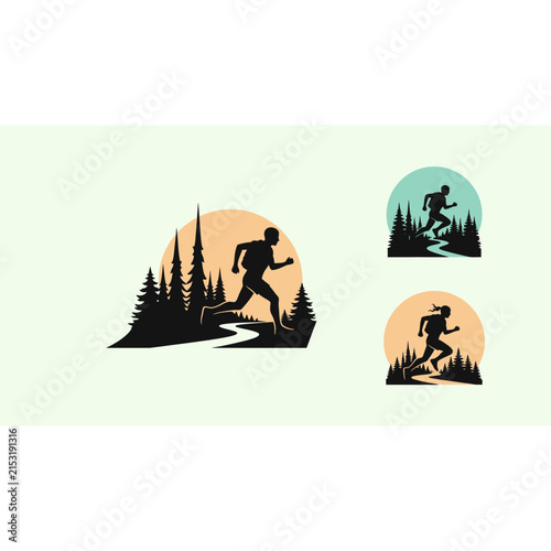 Trail runner silhouettes with forest and sunset landscape icons