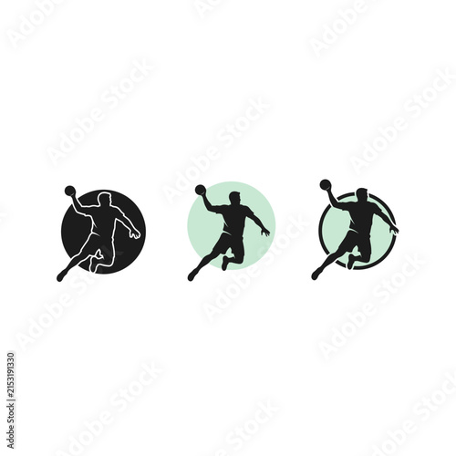 Handball player jumping and throwing silhouette icons set