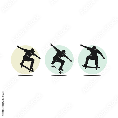 Skateboarder silhouettes performing ollie and aerial tricks