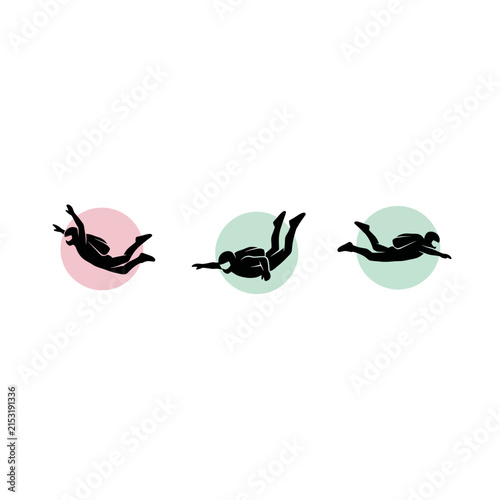Skydivers in freefall silhouettes with colorful circle backdrops