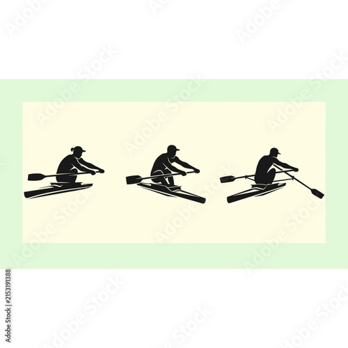 Athletes rowing in sculling boats on calm water silhouette