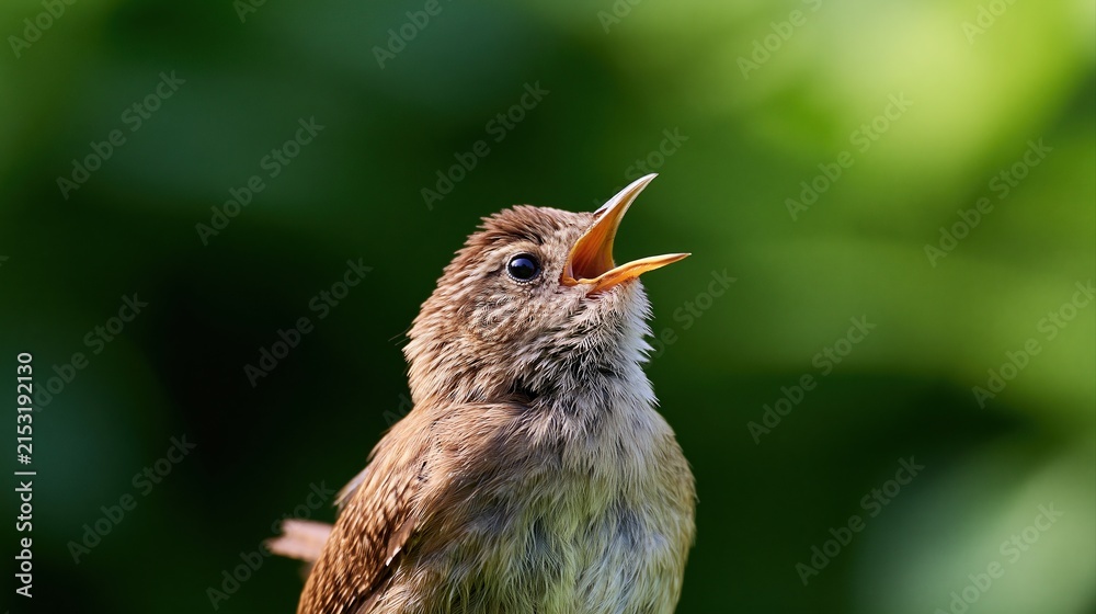 Obraz premium Brown wren bird singing with open beak in nature
