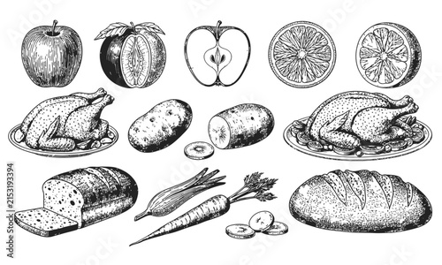 Assorted vintage food illustrations on a neutral background