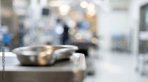 Healthcare operating room blurred background with surgical basin in foreground