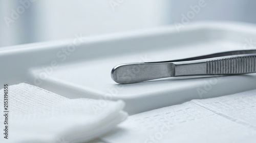 Medical Tweezers and Gauze on Tray - Healthcare and Surgery Concept