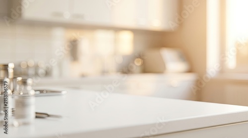 Bright and Clean Blurred Kitchen Background with White Countertop for Copy Space