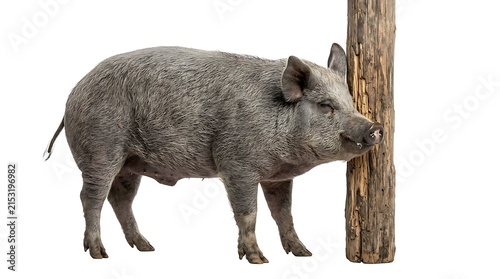 Wild Boar and Warthog Isolated on White Background, Wild Mammal with Brown and Black Fur, Snout and Hair Detail, Safari Wildlife Nature Animal Stock Photo