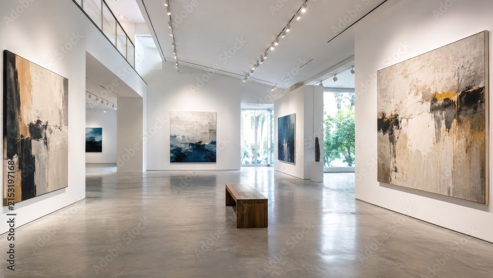 Fototapeta premium Bright contemporary art gallery interior with large abstract paintings, white walls, polished concrete floor and a central wooden bench