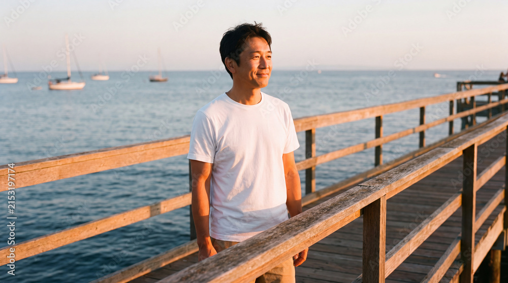 Obraz premium 夕暮れの海辺の桟橋で穏やかに過ごす中年男性 | 夕日の輝き