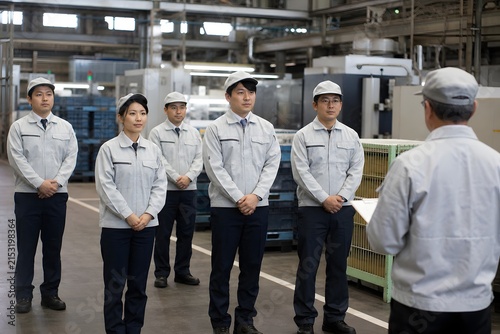 Obraz na płótnie 工場の朝礼で整列する作業員