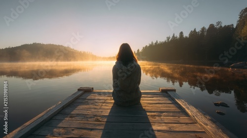 Person Sitting on Dock Facing Sunset Over Water