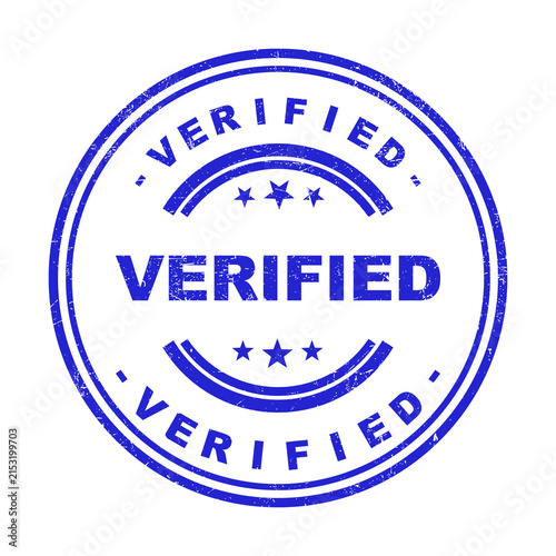 Blue verified stamp icon with grunge texture for official document and certification design isolated on transparent background