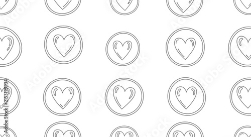 Hand-drawn heart pattern, simple outline hearts in circles, seamless background