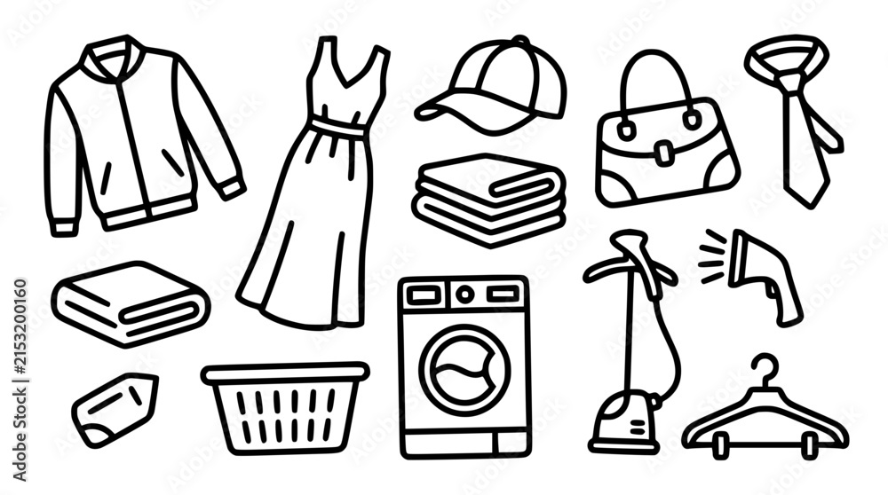 Fototapeta premium Laundry Care Icons Set Including Clothes, Washing Machine, Iron, and Hanger in B