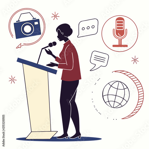Speaker at podium giving presentation with business icons presentation microphone business