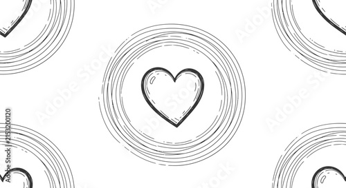 Hand-drawn hearts in concentric circles, black and white illustration, graphic pattern
