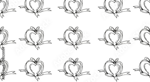 Hand-drawn heart shapes with ribbons, seamless pattern, sketch style