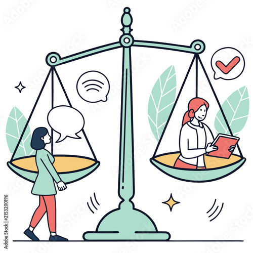 Business people balancing on scales with speech bubbles business equality weighing dialogue