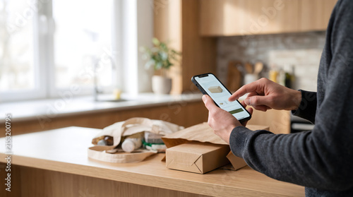 Man tracking package delivery on smartphone at home